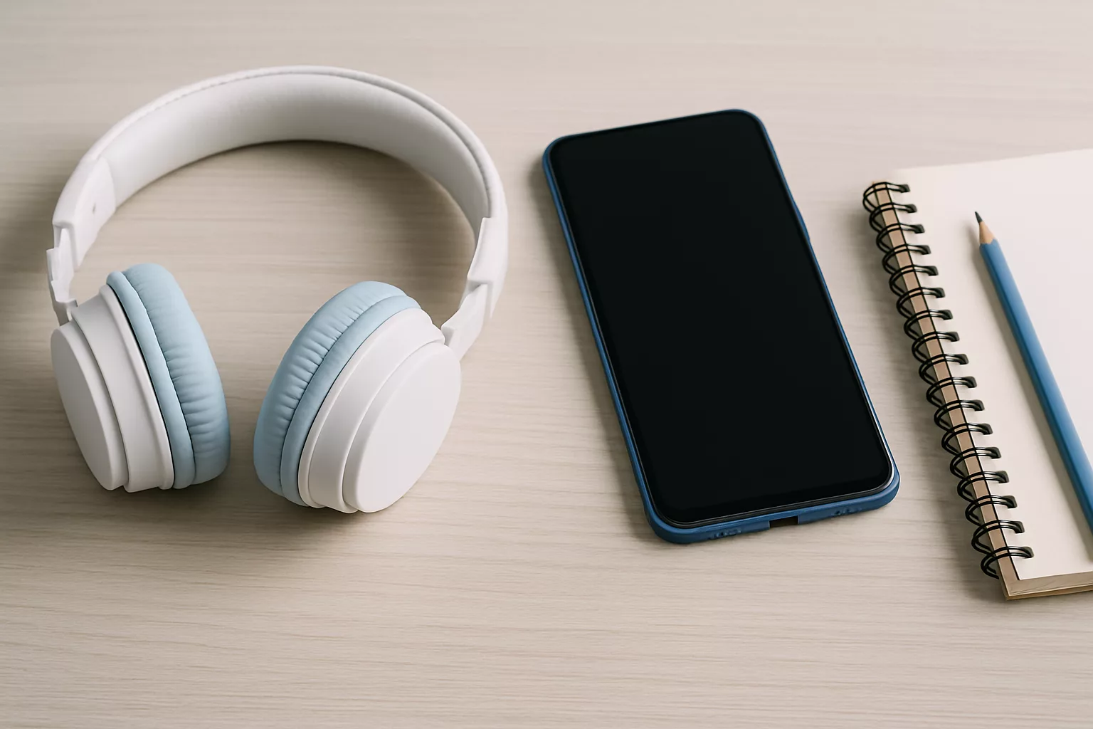 Auriculares y móvil preparados para practicar comprensión auditiva en inglés