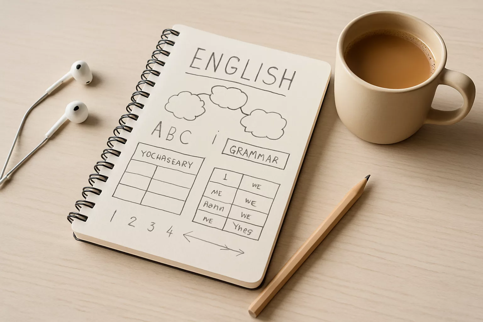 Cuaderno con apuntes de inglés y auriculares sobre una mesa